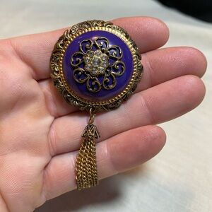 Vintage/Antique? Purple & Bronze Tone Brooch Tassel & Rhinestones